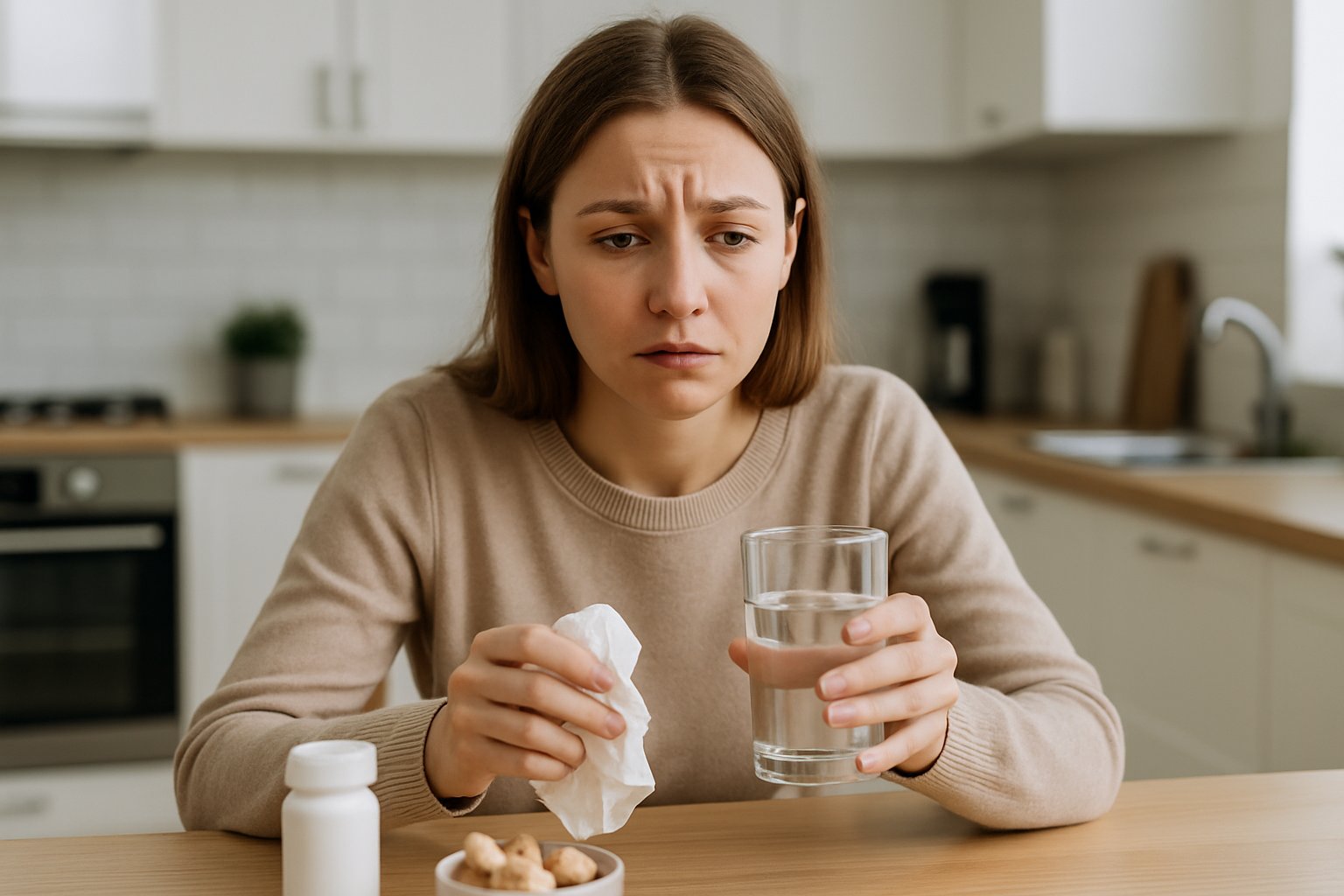 v2-10armr-2irq8 - Preventive Medicine Daily A young woman sitting at a kitchen table looking unwell and holding a glass of water and a tissue.