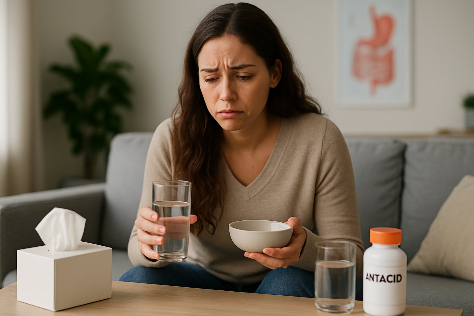 v2-10aro2-87hd1 - Preventive Medicine Daily A young woman looking tired and worried sitting on a couch holding a glass of water and a small bowl, with health-related items on a nearby table.