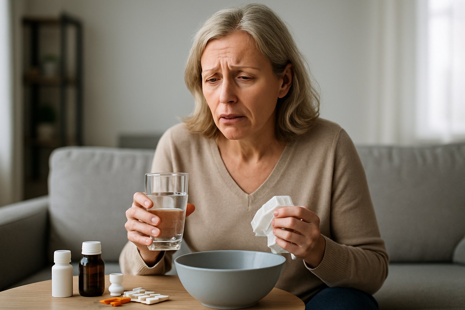 v2-10arou-gfte6 - Preventive Medicine Daily A middle-aged woman sitting on a couch looking distressed, holding a glass of water and a tissue, with medications on a nearby table.