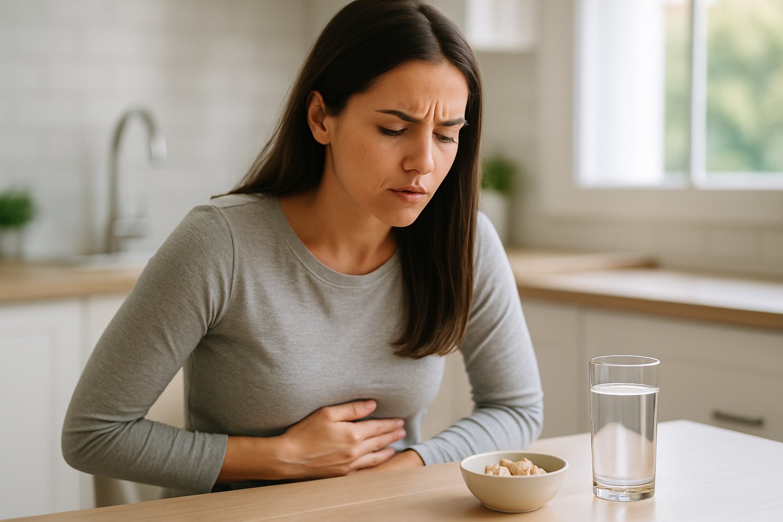 v2-10arq3-qucg9 - Preventive Medicine Daily A young woman sitting at a kitchen table looking concerned and touching her stomach.