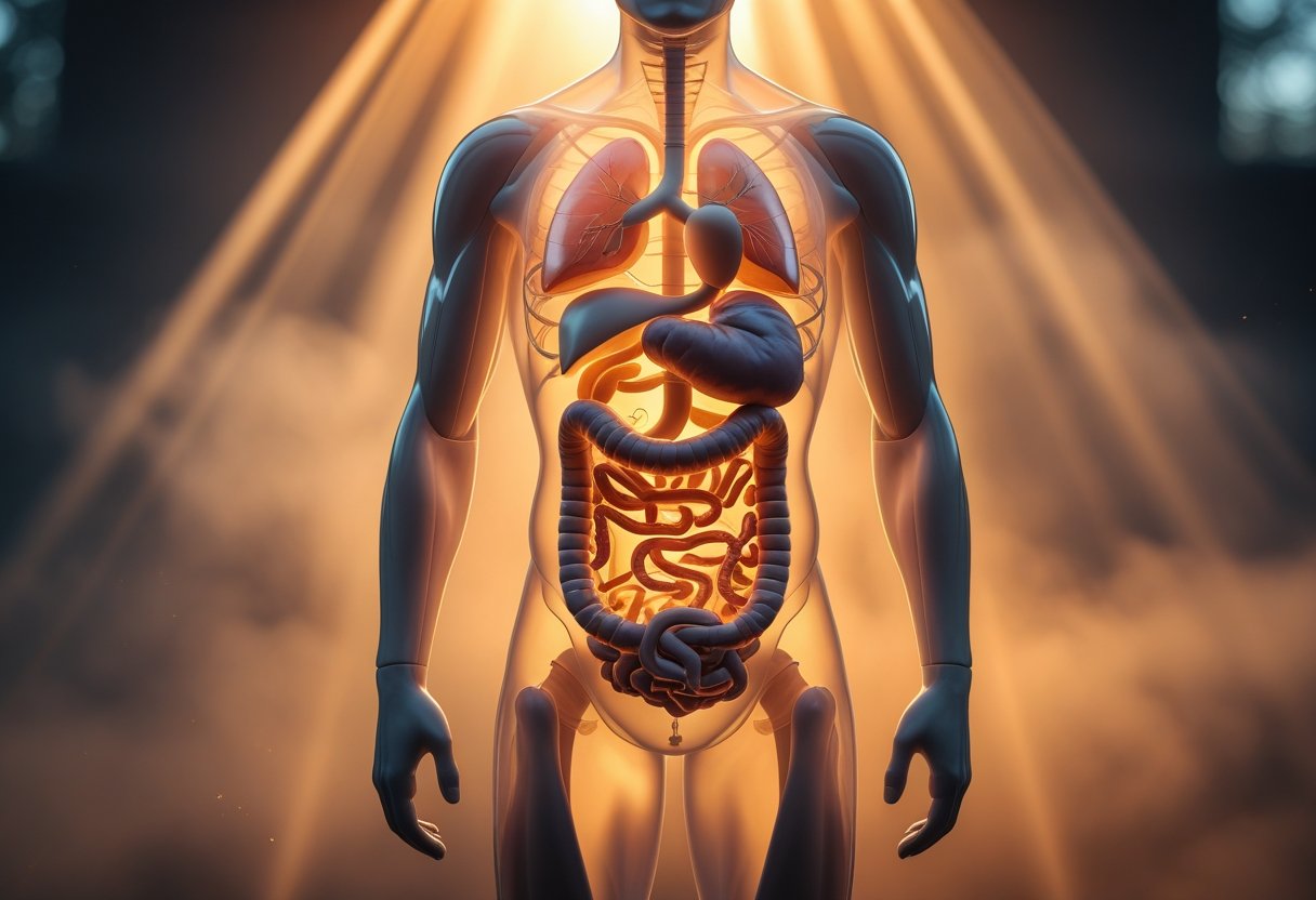 v2-10ek1w-ti14q - Preventive Medicine Daily A detailed anatomical view of a human torso with highlighted internal organs, surrounded by soft mist and warm golden light.