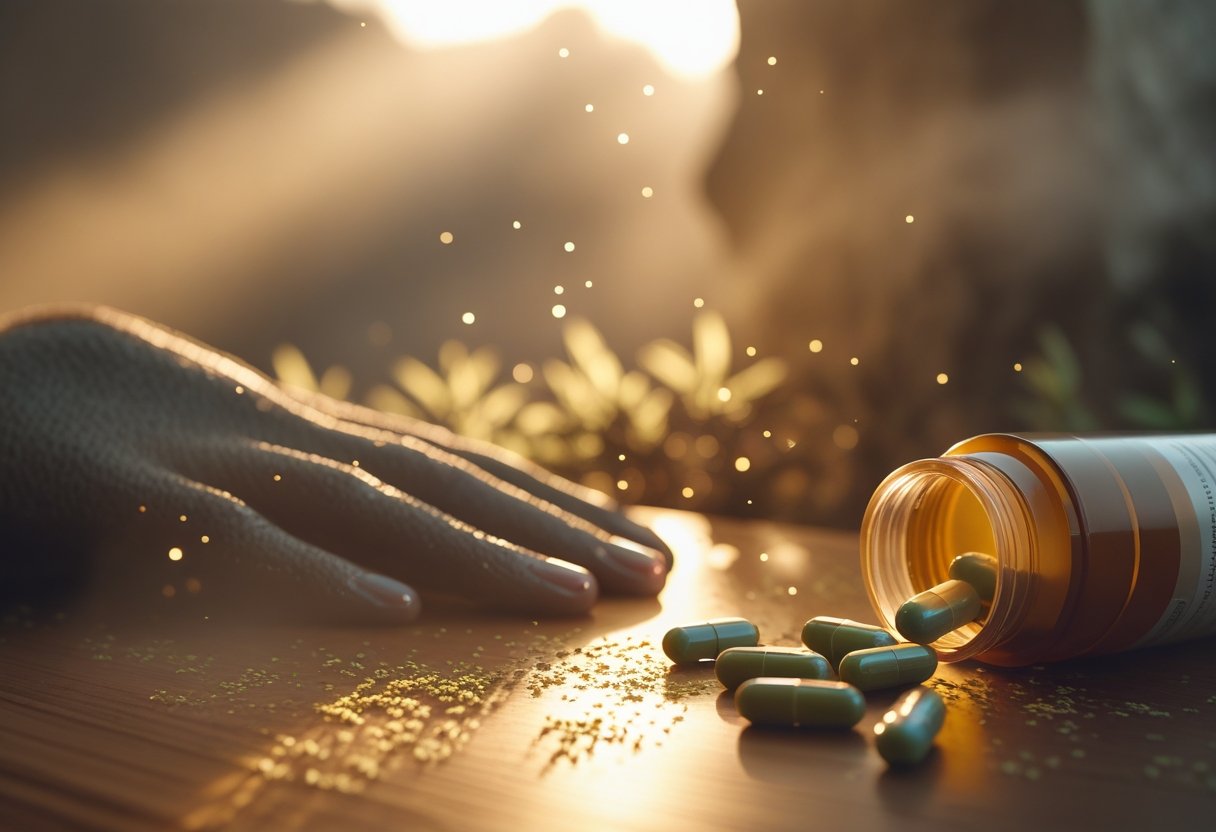 v2-10ek5p-eyn94 - Preventive Medicine Daily A close-up scene showing a person with natural skin texture near a wooden table with spilled capsules from a pill bottle, illuminated by warm golden-hour light with soft mist and long shadows.