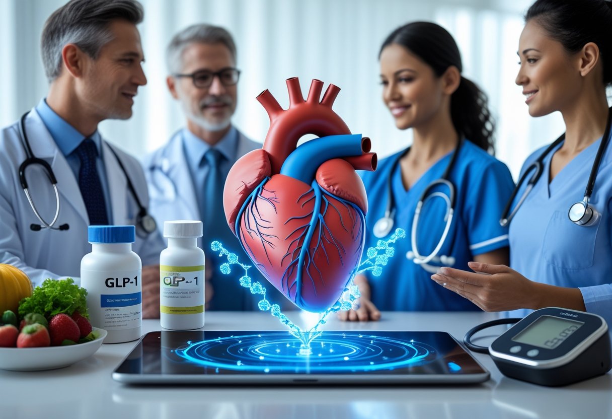 v2-10gcf9-gdqmy - Preventive Medicine Daily Healthcare professionals discussing heart health with a 3D heart model and symbols representing GLP-1 medication and traditional prevention methods like healthy food and exercise equipment.