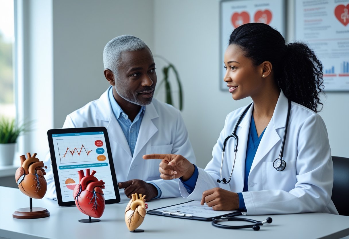 v2-10gcfx-2yapc - Preventive Medicine Daily A doctor and patient discussing heart and diabetes health with medical models and a tablet in a clinic.