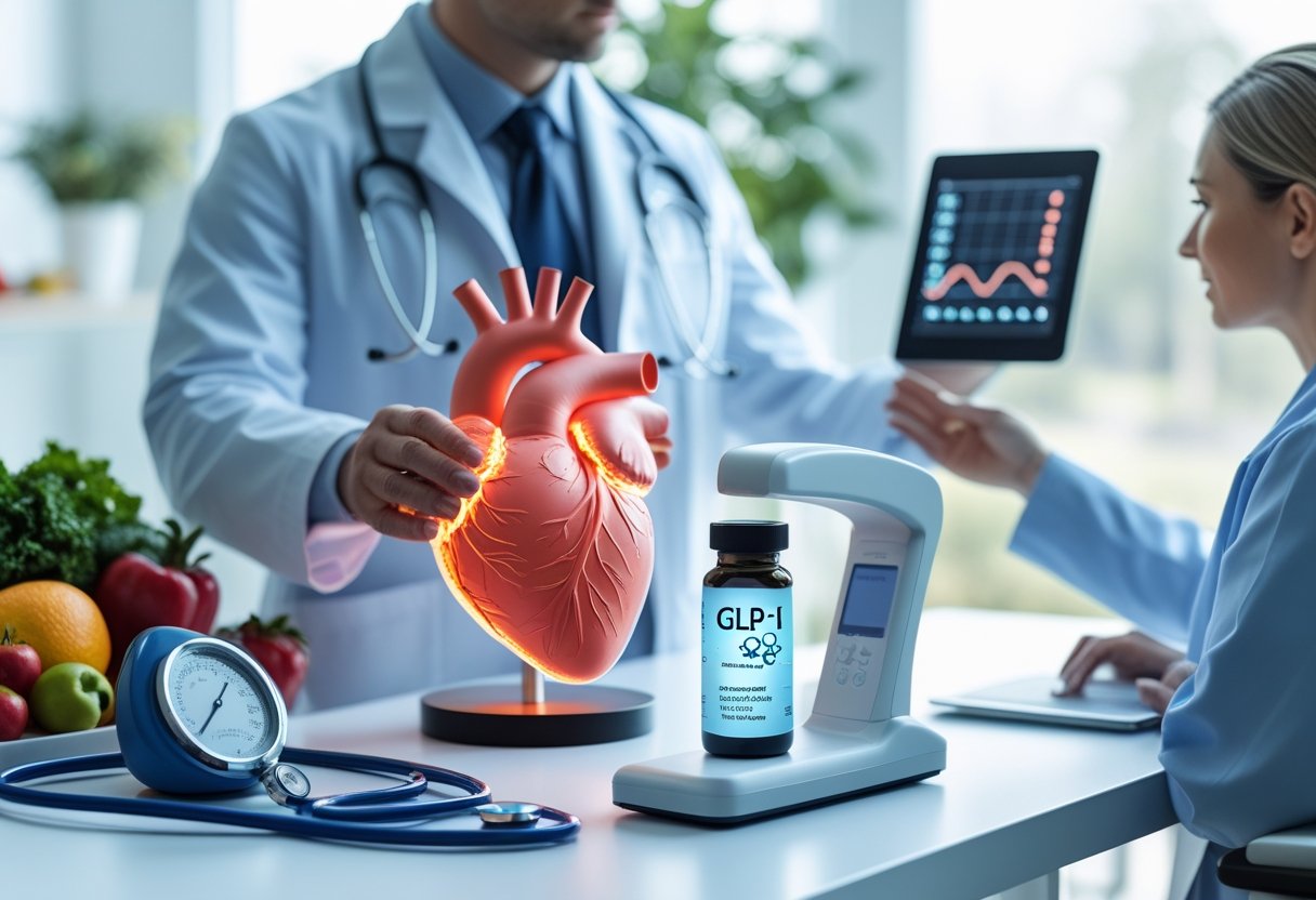 v2-10gcgq-6vh6a - Preventive Medicine Daily A split scene showing traditional heart health prevention with medical tools and healthy lifestyle on one side, and modern GLP-1 treatment with a healthcare professional and digital devices on the other, centered around a glowing human heart model.