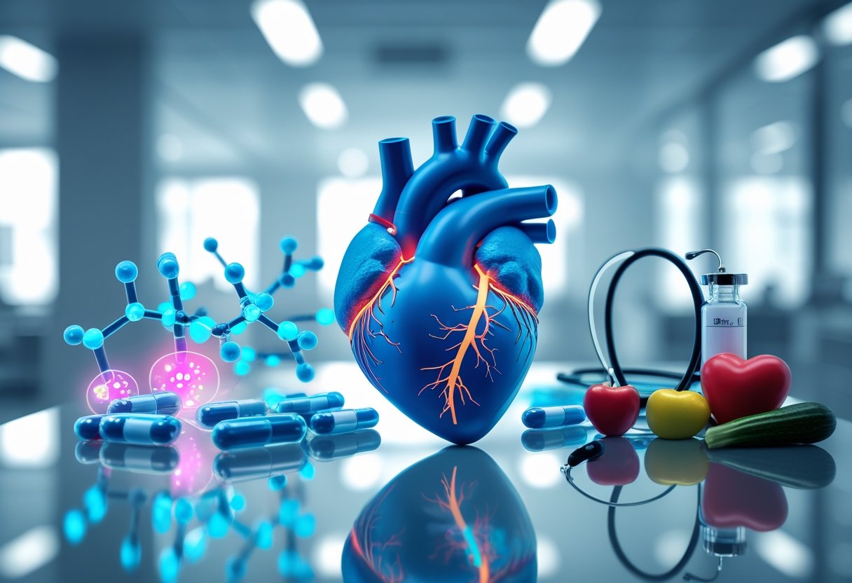 v2-10gchm-uai76 - Preventive Medicine Daily A close-up of a human heart model on a glass table surrounded by medical items representing modern medication and traditional heart health methods.
