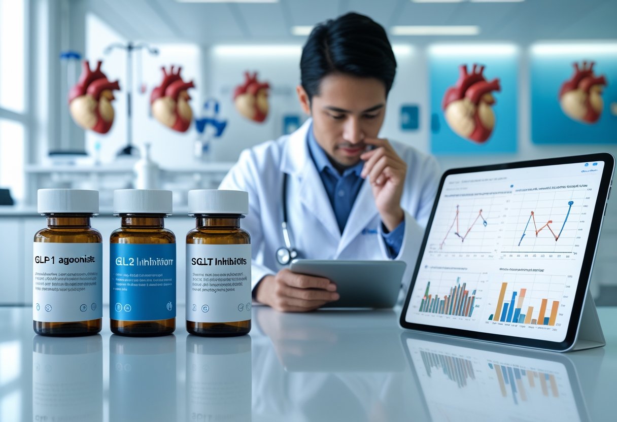 v2-10gcik-jfzaf - Preventive Medicine Daily A healthcare professional in a white coat compares two groups of medication bottles in a medical office focused on heart health.