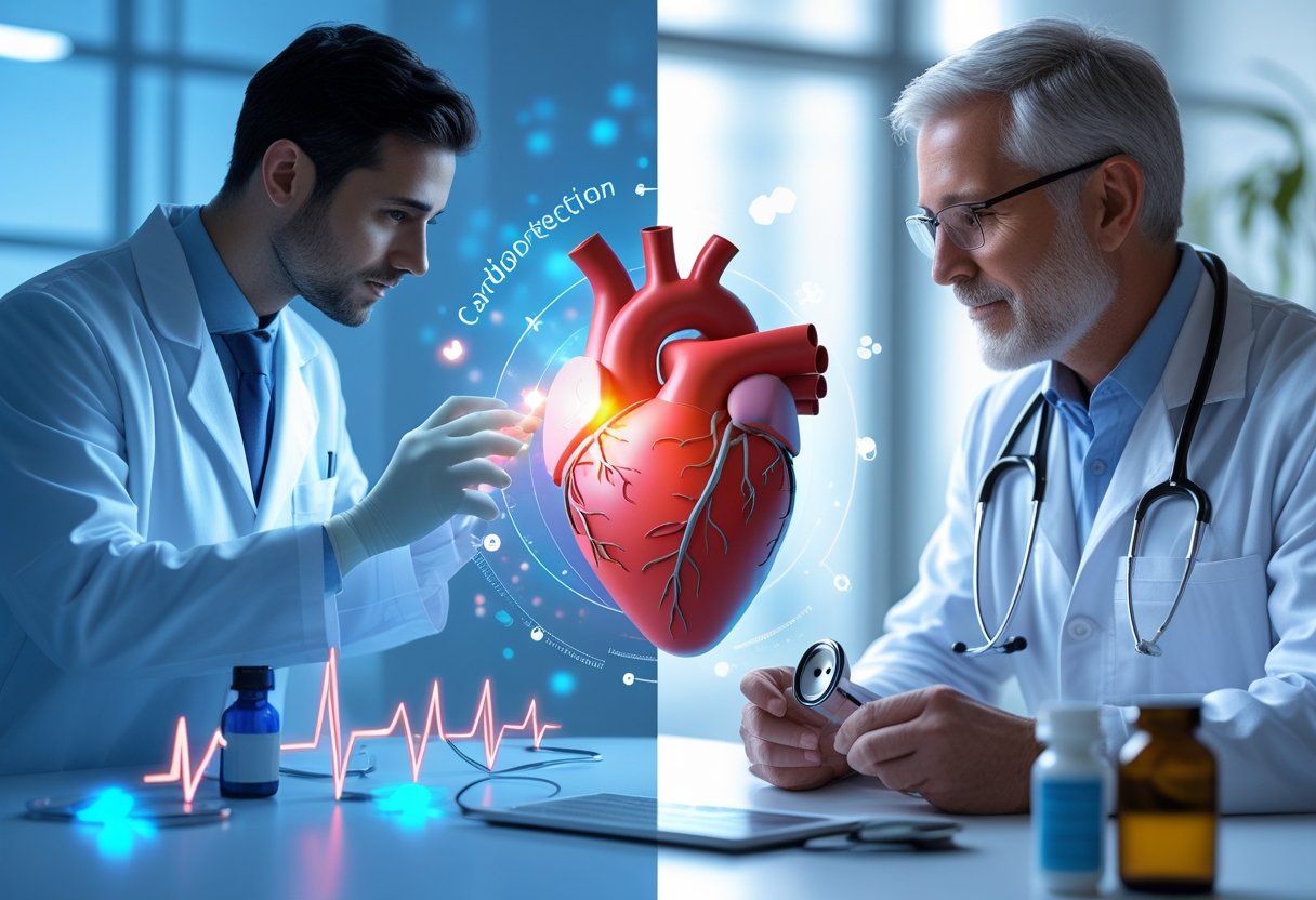 v2-10gcjk-df0ej - Preventive Medicine Daily A split-screen image showing a medical researcher examining a digital heart model on one side and a cardiologist with traditional heart health tools on the other, with a glowing heart graphic in the center.