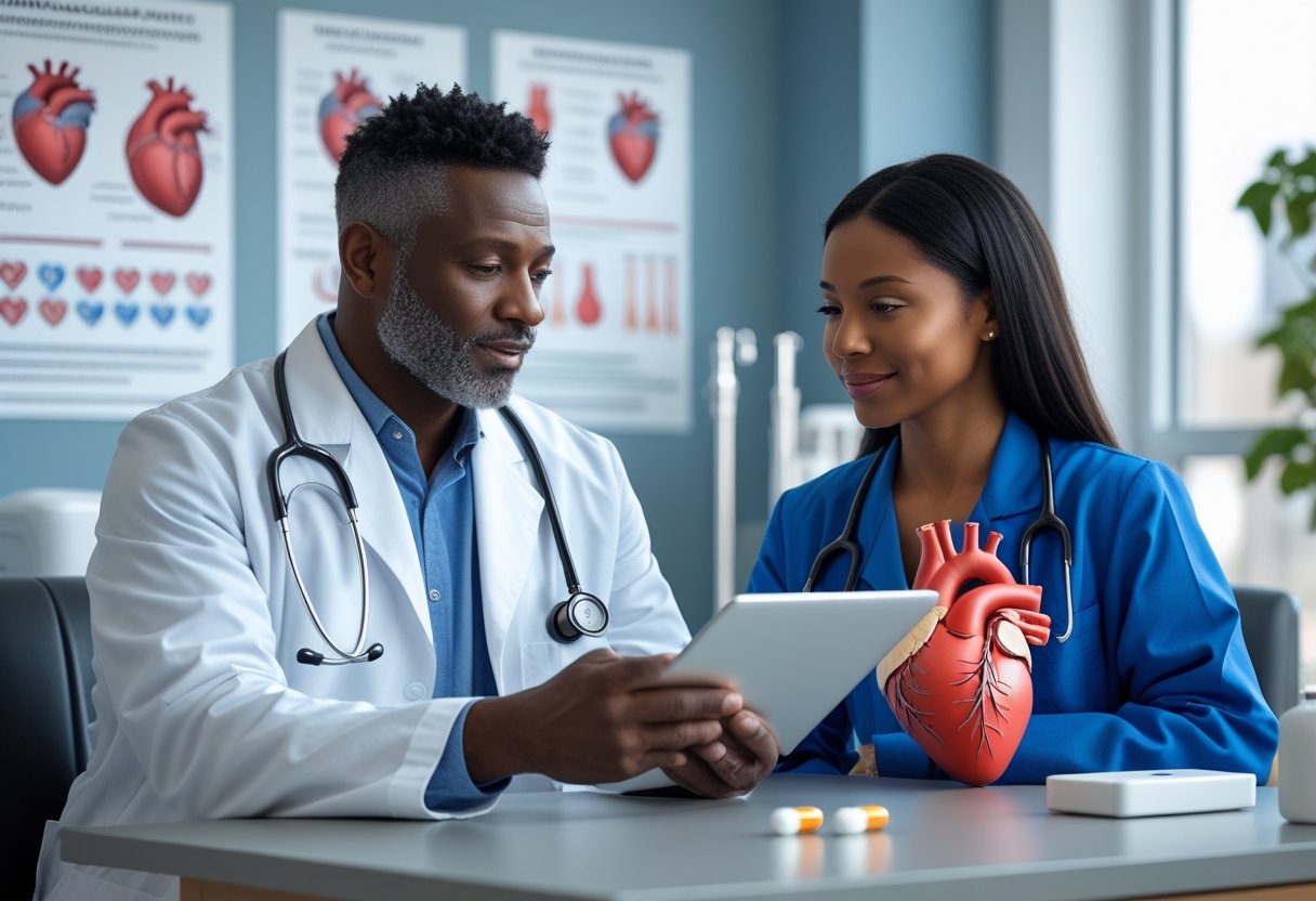 v2-10gckl-c007s - Preventive Medicine Daily A doctor and patient discussing heart health in a clinic, with heart models and medication on the table.