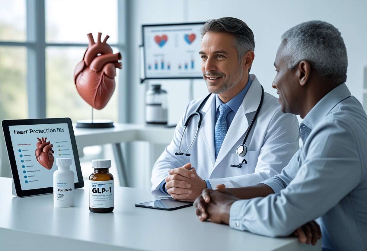 v2-10gcll-5uesl - Preventive Medicine Daily A doctor discussing heart health options with a patient in a medical office, with heart models and medication bottles on the desk.