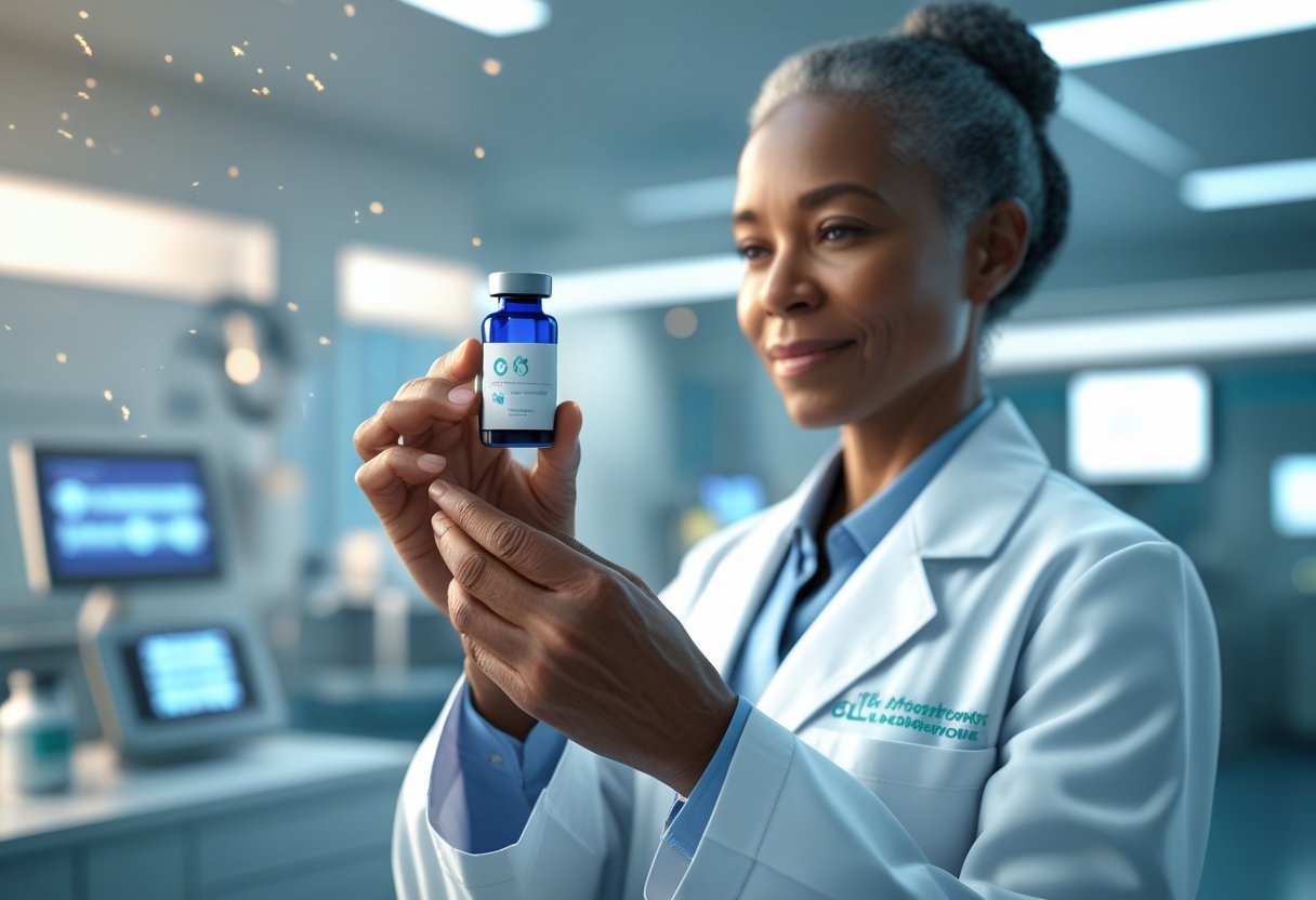 v2-10geyl-e92og - Preventive Medicine Daily A doctor in a white lab coat holding a medical vial in a modern clinic, surrounded by advanced medical equipment.