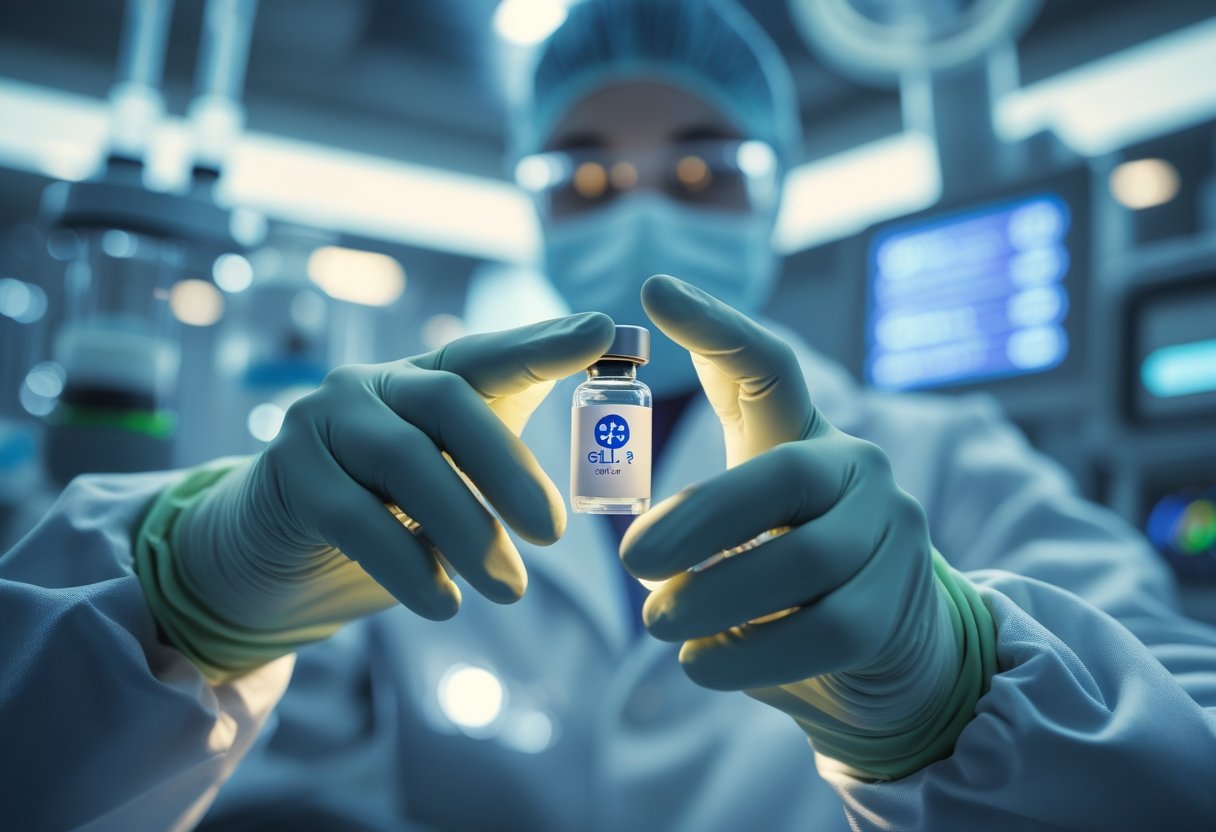 v2-10gez9-b8r5o - Preventive Medicine Daily A scientist holding a vial of GLP-1 medication in a futuristic medical laboratory with advanced equipment in the background.