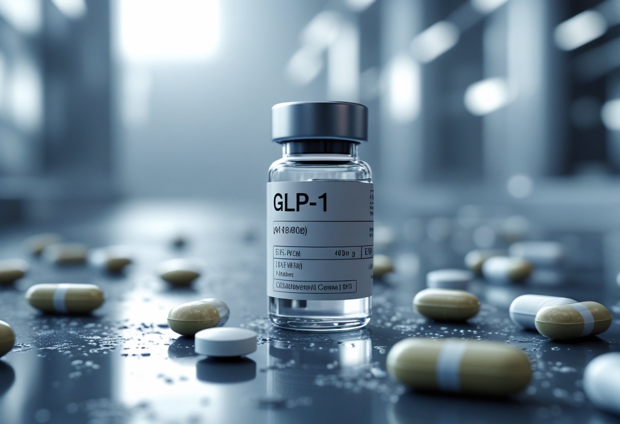 v2-10gf05-zedzz - Preventive Medicine Daily Close-up of a glass vial and scattered capsules on a reflective surface in a modern laboratory setting.