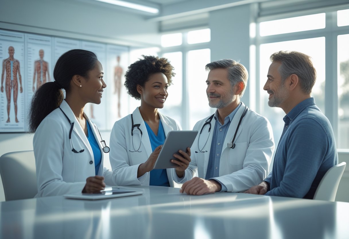 v2-10gf0w-bg9rf - Preventive Medicine Daily Three adults in a modern medical consultation room discussing health, with a healthcare professional showing information on a tablet to two patients.