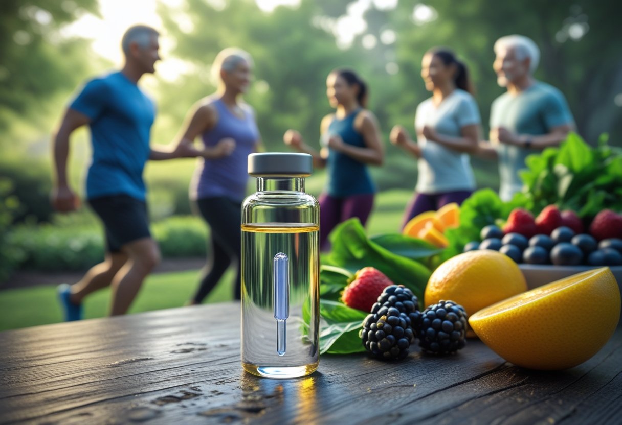 v2-10gf1r-xb13m - Preventive Medicine Daily A close-up of a glass vial with glowing liquid on a wooden table surrounded by fresh fruits and vegetables, with healthy adults outdoors in the background.