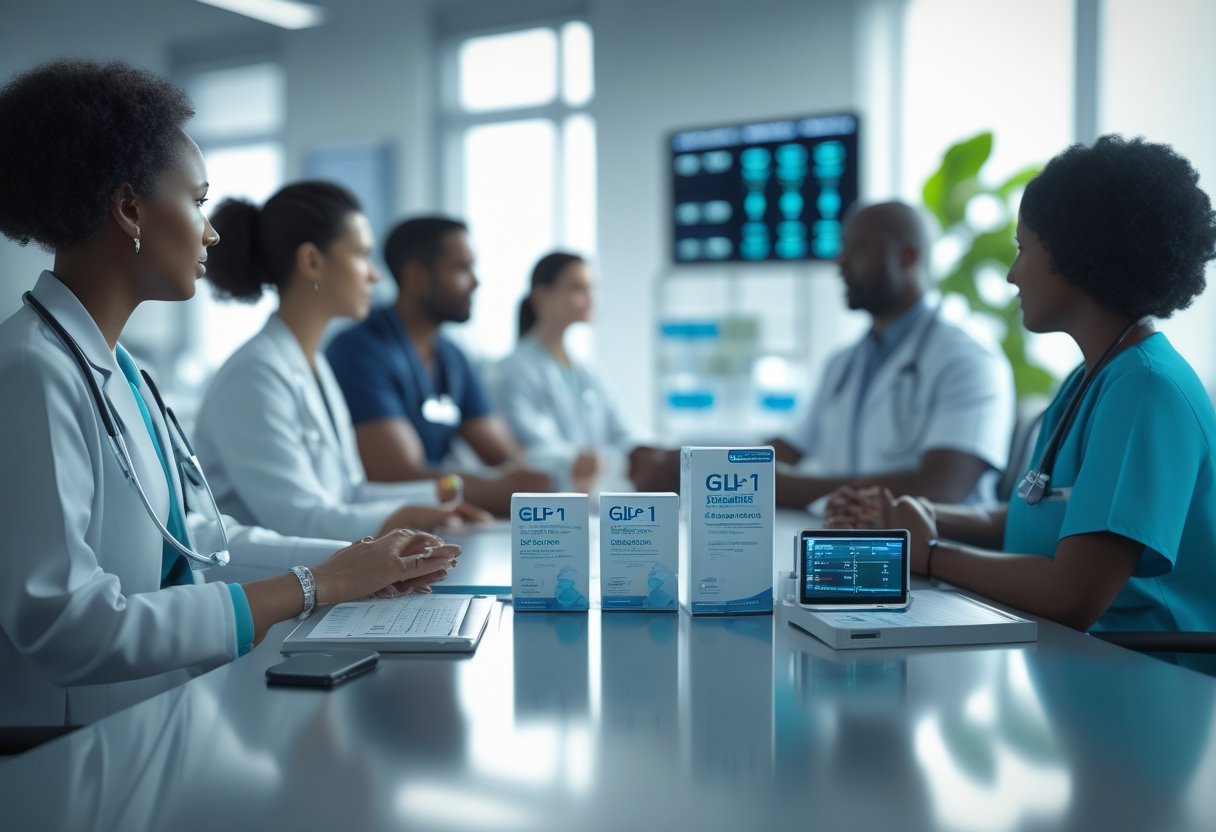 v2-10gf34-xfdpj - Preventive Medicine Daily A diverse group of patients and healthcare professionals interacting in a modern clinic, discussing medications and health information.