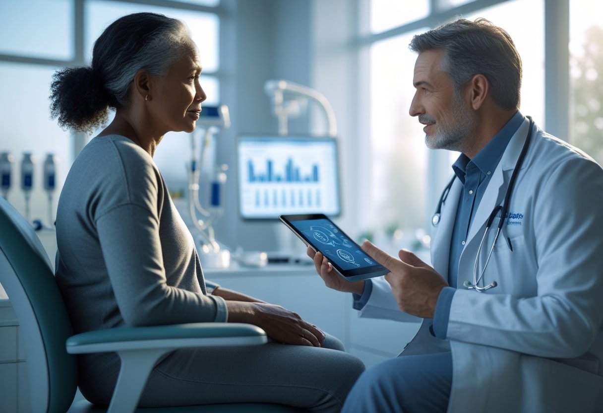 v2-10gf4b-rcob8 - Preventive Medicine Daily A patient and doctor having a supportive conversation in a modern medical office focused on preventive medicine.