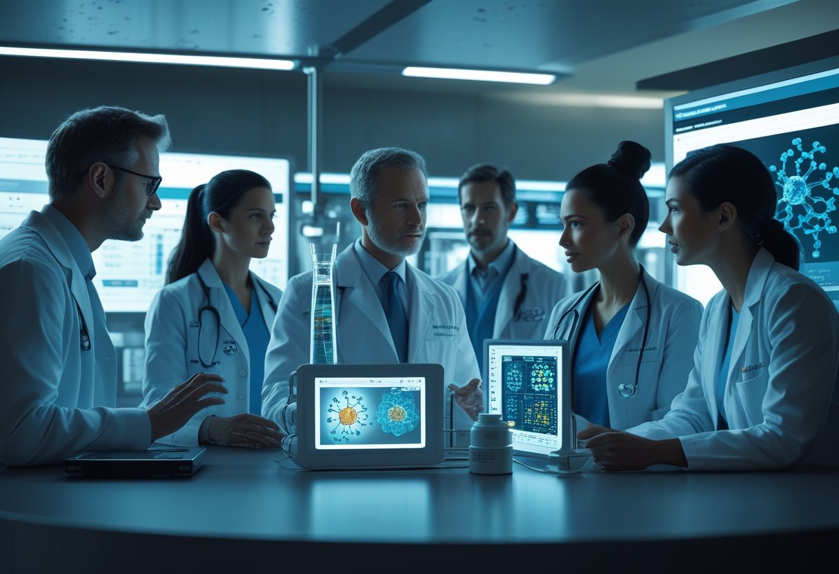 v2-10gf54-3gq7a - Preventive Medicine Daily A group of healthcare professionals discussing advanced medical data in a futuristic lab focused on GLP-1 medications.