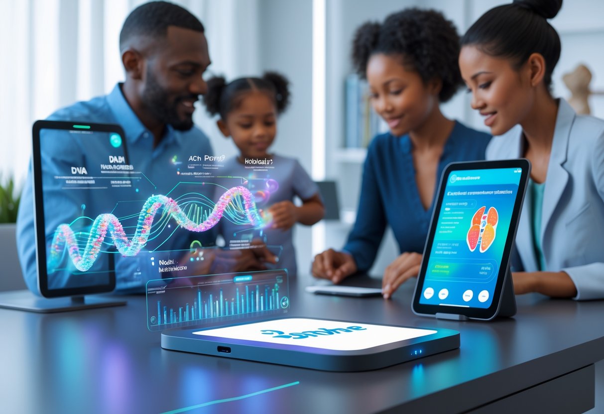 v2-10i32y-pvn6t - Preventive Medicine Daily A family interacting with advanced genetic testing technology and holographic health data in a modern home setting.