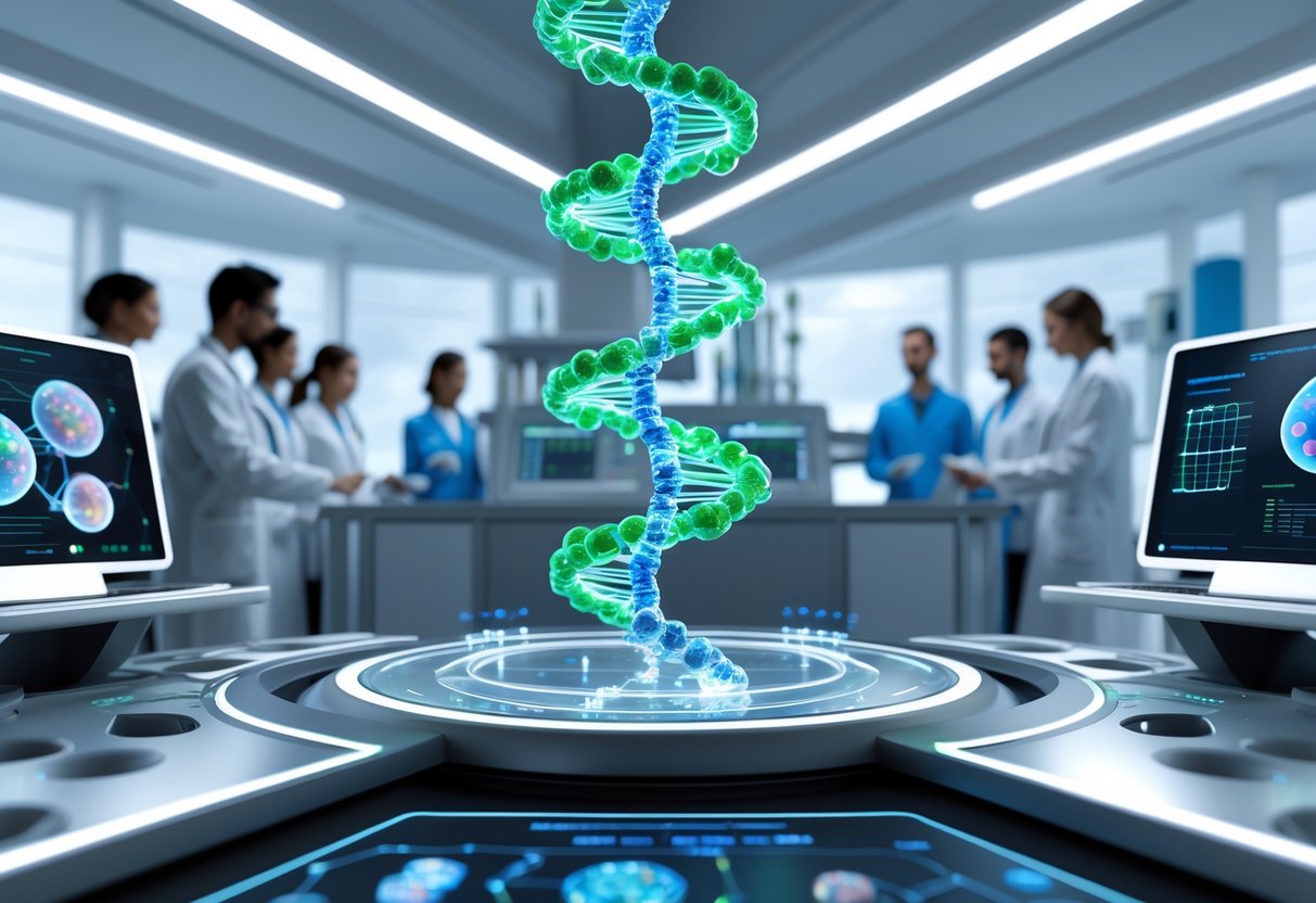 v2-10i33k-q72z4 - Preventive Medicine Daily A futuristic laboratory with a glowing DNA model, scientists working with advanced genetic testing equipment and holographic displays showing health data.