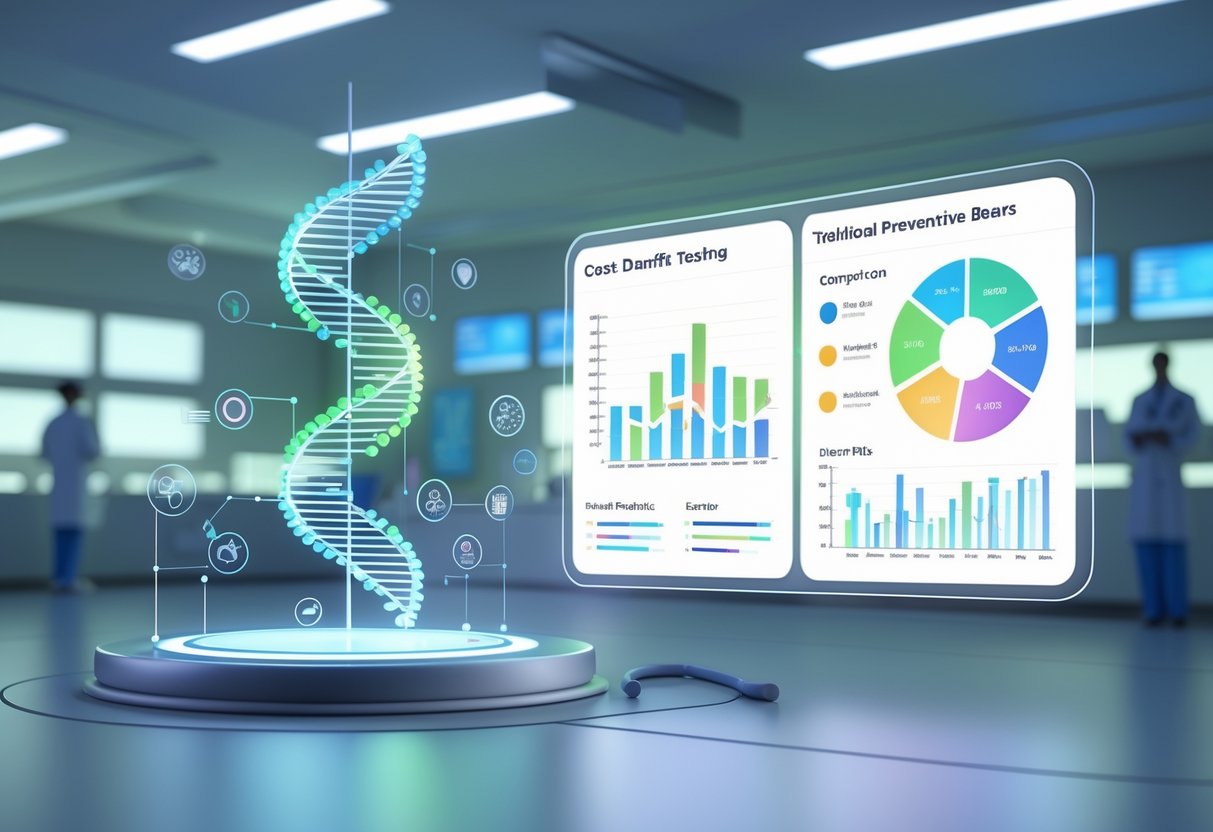 v2-10i34g-bmow8 - Preventive Medicine Daily A 3D scene showing a glowing DNA helix and genetic icons on one side, and a medical clinic with healthcare professionals on the other, connected by a floating holographic chart comparing costs and benefits.