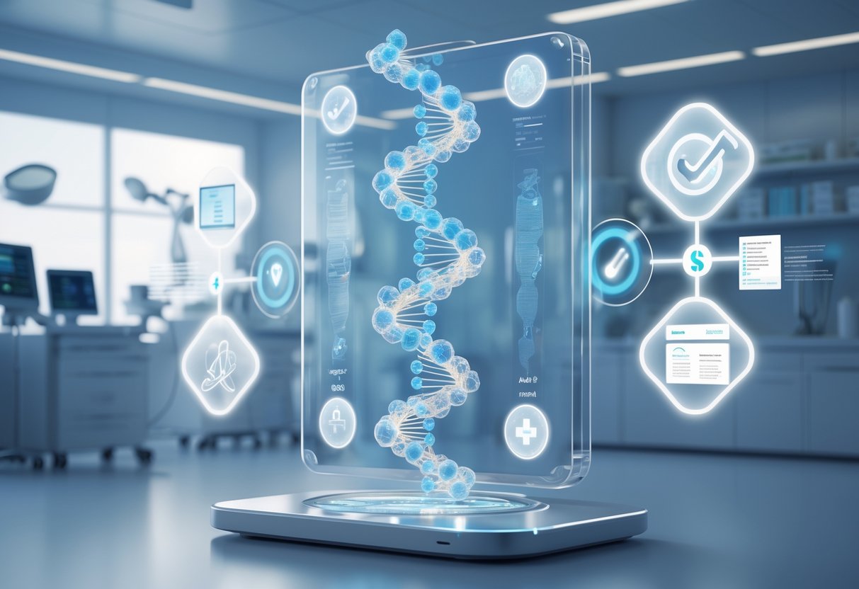 v2-10i36d-e7k63 - Preventive Medicine Daily A futuristic medical lab with a transparent digital display showing DNA structures, medical devices, and holographic icons representing accuracy, regulation, and healthcare integration.
