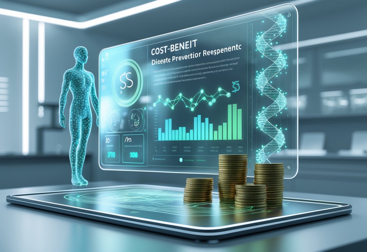 v2-10i379-pqxb8 - Preventive Medicine Daily A 3D scene showing a futuristic digital dashboard with holographic charts, DNA models, and symbols representing health data and costs in a high-tech lab setting.