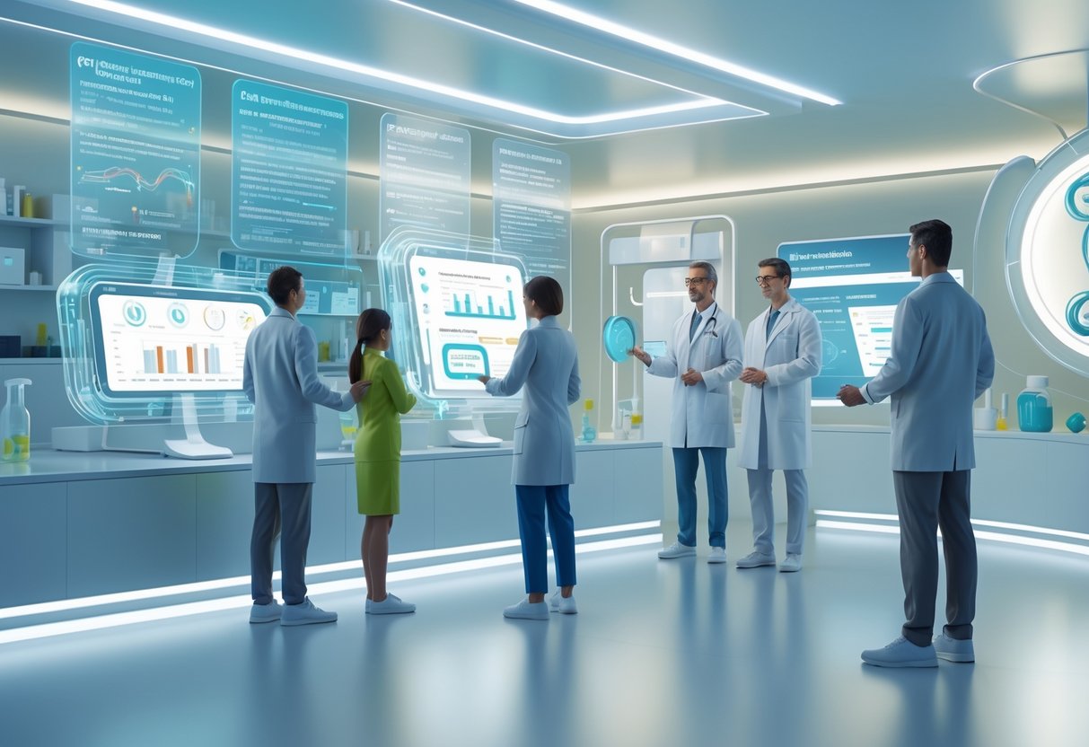 v2-10i389-wl1hn - Preventive Medicine Daily A futuristic medical lab with people interacting with holographic displays showing DNA, genetic data, and health-related charts.