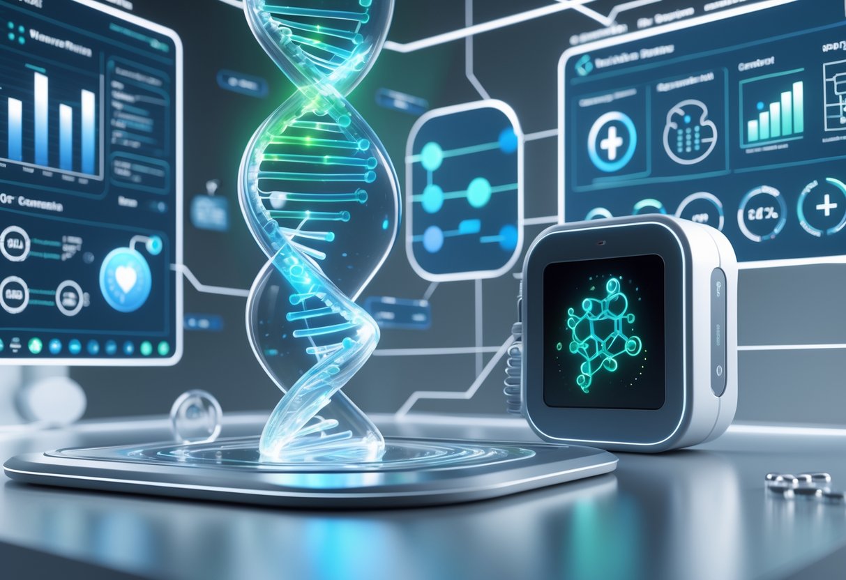 v2-10i395-0zzuf - Preventive Medicine Daily A 3D scene showing a glowing DNA helix surrounded by floating data panels and a modern genetic testing device in a futuristic health lab.