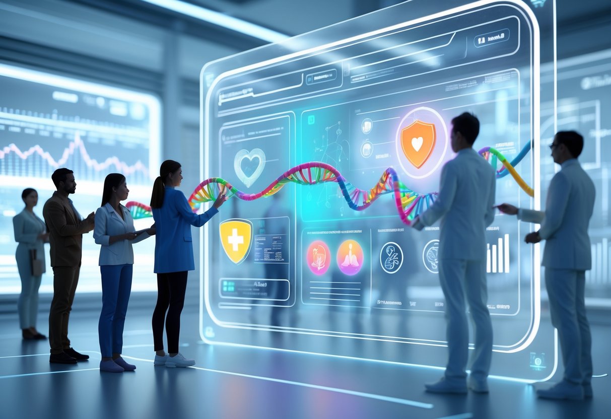v2-10i3a0-06dp8 - Preventive Medicine Daily A futuristic medical lab with people interacting with a holographic screen displaying 3D DNA strands, health icons, and charts about disease risk and prevention.