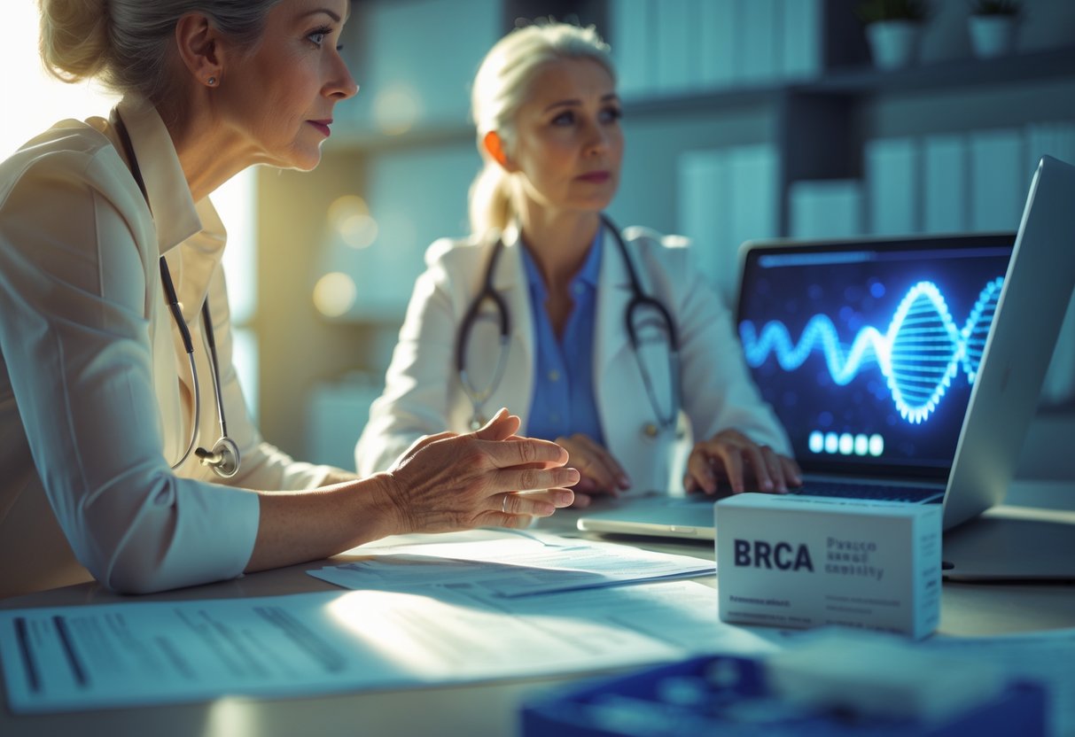 v2-10i3oe-geldl - Preventive Medicine Daily A woman and a healthcare professional discuss genetic testing in a clinic setting with medical documents and a test kit on the desk.