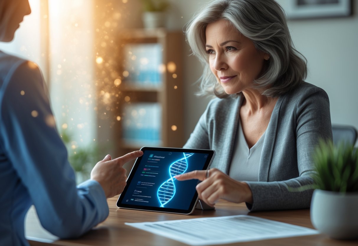 v2-10i3p3-jsnan - Preventive Medicine Daily A woman and a medical professional reviewing genetic test results together in a medical office.