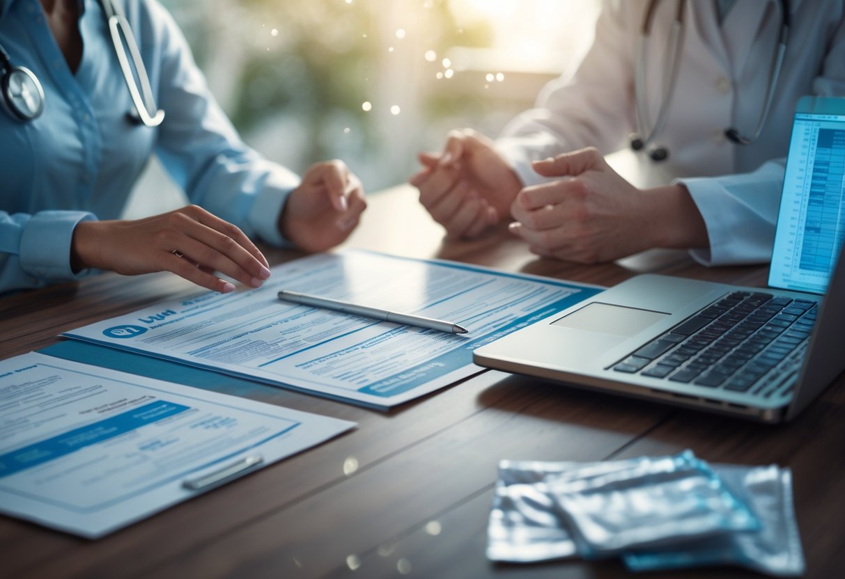 v2-10i3q2-7qbno - Preventive Medicine Daily A woman and a healthcare professional discussing medical documents and a genetic testing kit across a table in a clinical setting.