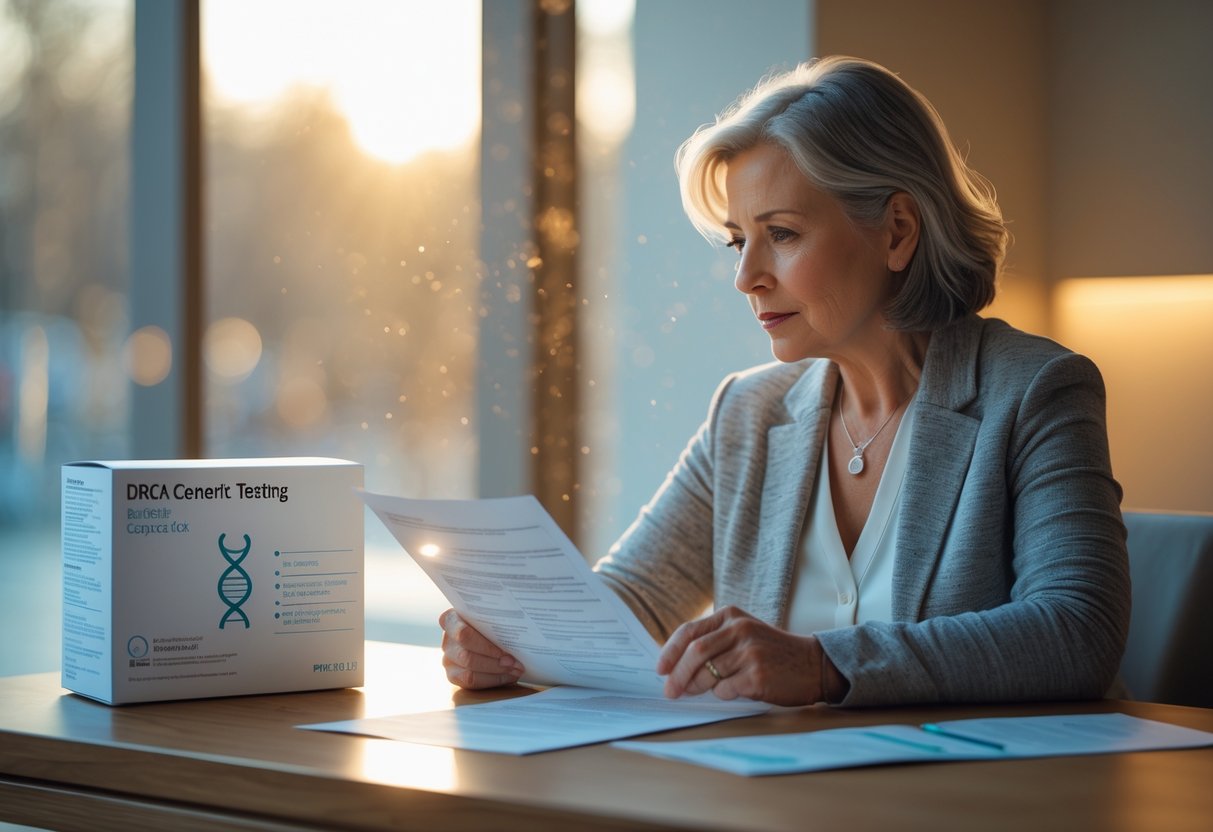 v2-10i3qu-f04qd - Preventive Medicine Daily A middle-aged woman sitting at a table in a medical consultation room, examining medical documents and a genetic testing kit.