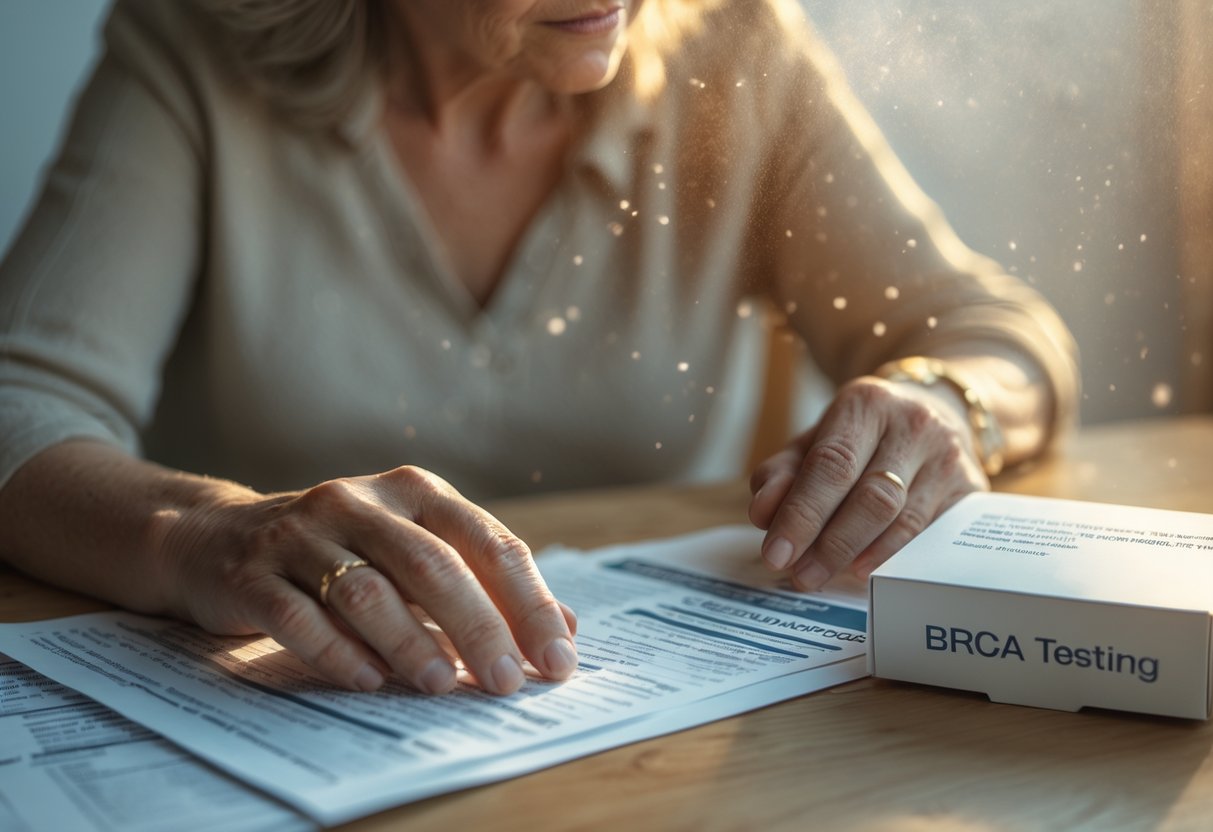 v2-10i3sn-pdrsg - Preventive Medicine Daily A middle-aged woman sitting at a table, holding a medical report and a genetic testing kit, looking thoughtfully ahead.