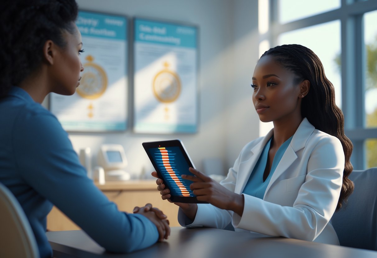 v2-10i3tu-93uka - Preventive Medicine Daily A woman consulting with a genetic counselor in a bright clinic room, discussing DNA testing for cancer prevention.