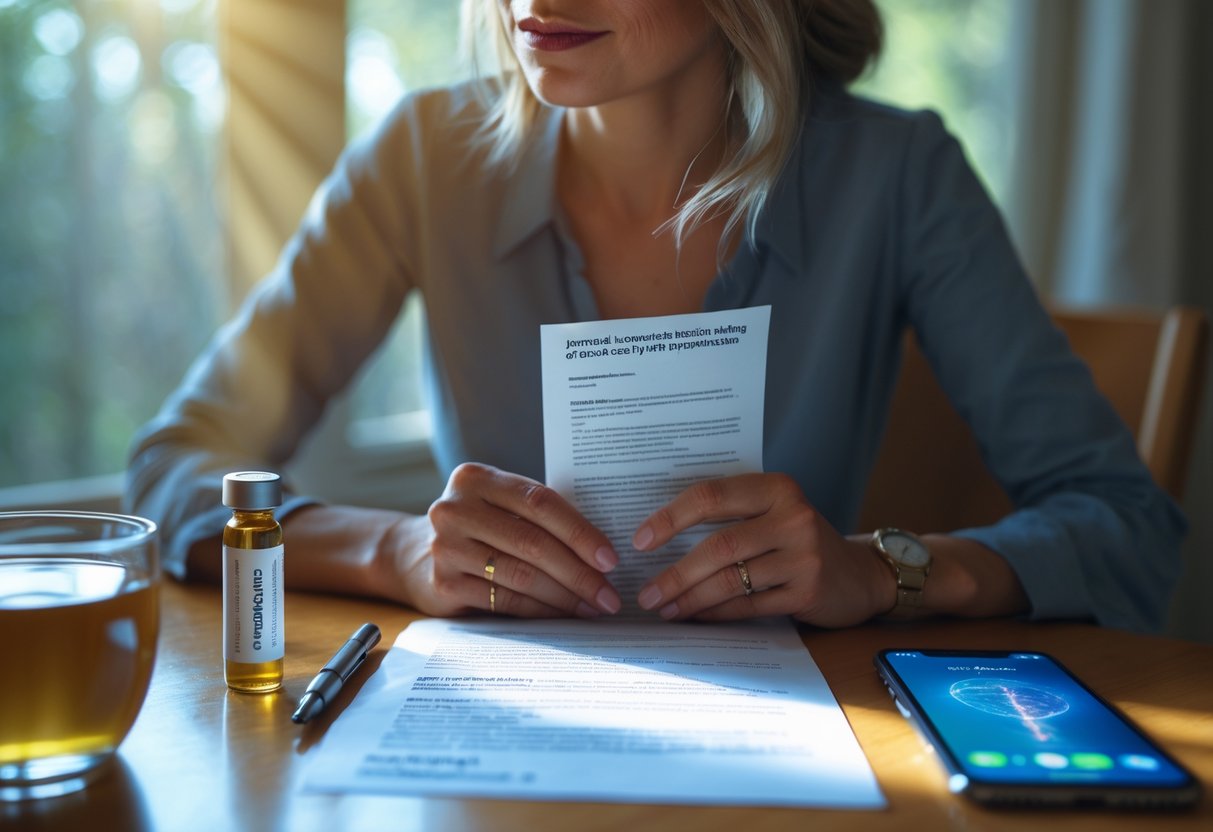 v2-10i3us-yeuzc - Preventive Medicine Daily A woman sitting at a table holding a medical document with a DNA test vial and smartphone nearby, appearing thoughtful and contemplative.