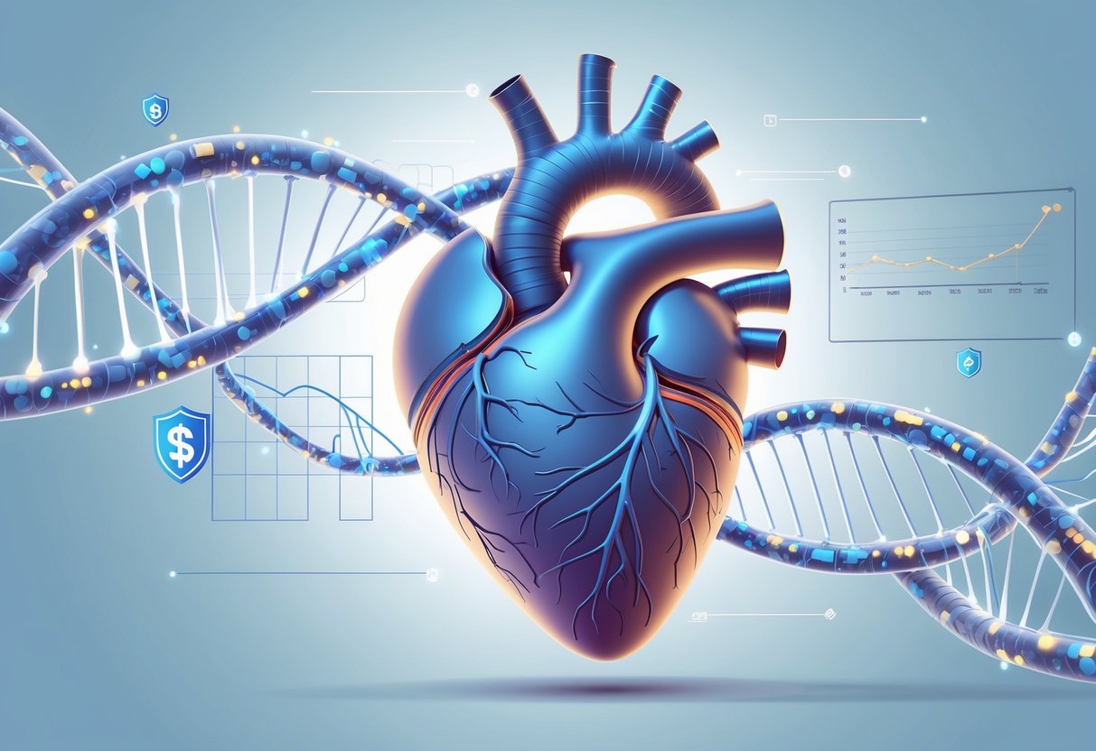 v2-10i4aq-nmyy2 - Preventive Medicine Daily An illustration showing a human heart surrounded by DNA strands and floating data points, symbolizing genetics and risk analysis for heart disease prevention.