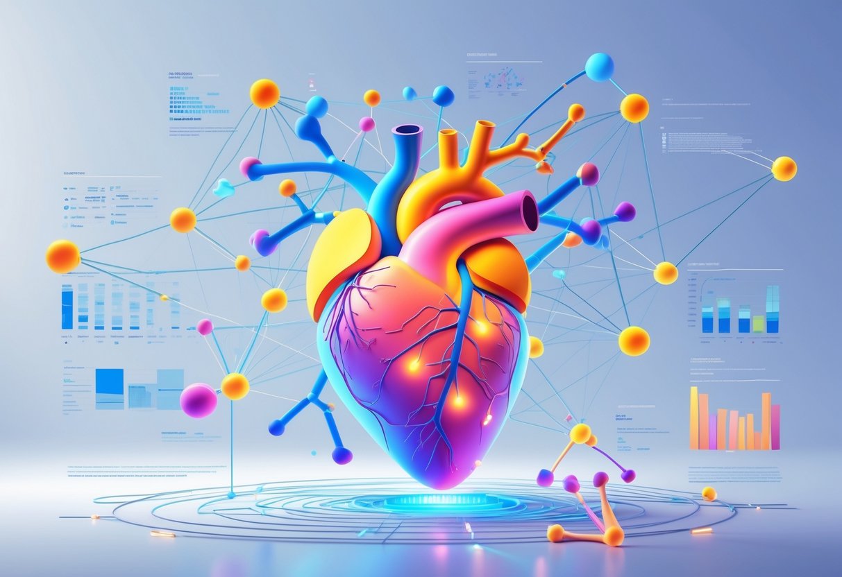 v2-10i4bb-tlc87 - Preventive Medicine Daily Illustration showing a human heart surrounded by interconnected DNA strands and genetic markers, with floating scientific data elements around it.
