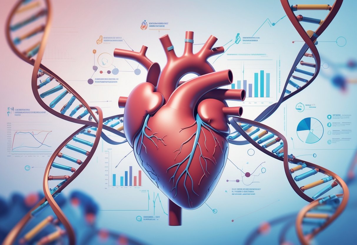 v2-10i4c3-z3ufj - Preventive Medicine Daily Illustration showing a human heart surrounded by DNA strands and genetic markers with data charts in the background, representing genetic risk assessment for heart disease prevention.