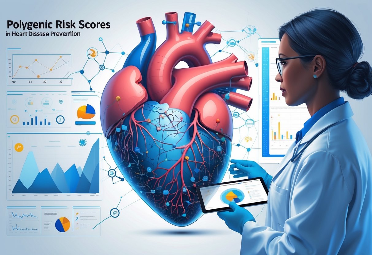 v2-10i4cu-9urlw - Preventive Medicine Daily A human heart surrounded by DNA strands and genetic data, with a healthcare professional analyzing information on a transparent screen in a medical setting.