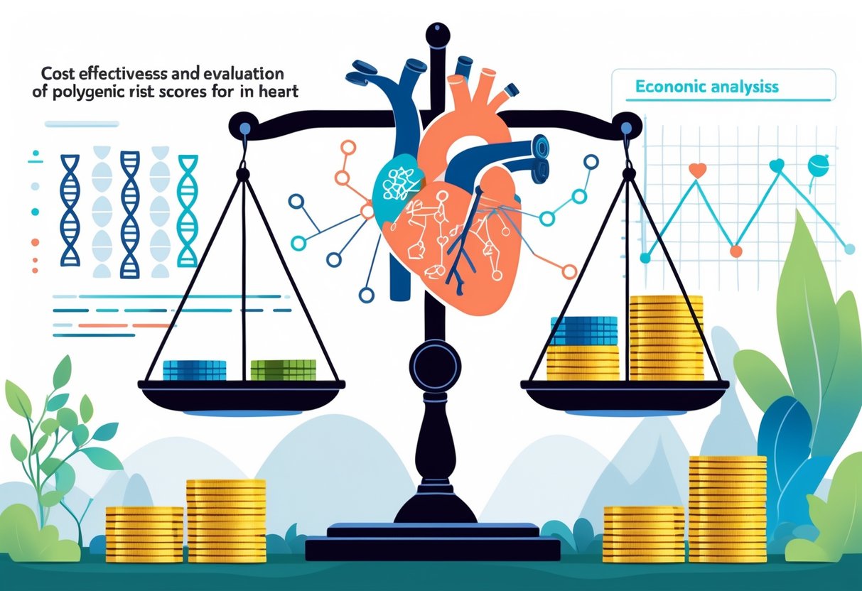 v2-10i4dm-9p36o - Preventive Medicine Daily A balanced scale with DNA strands on one side and stacks of coins on the other, a human heart with genetic data points behind it, and charts showing economic trends in the background.