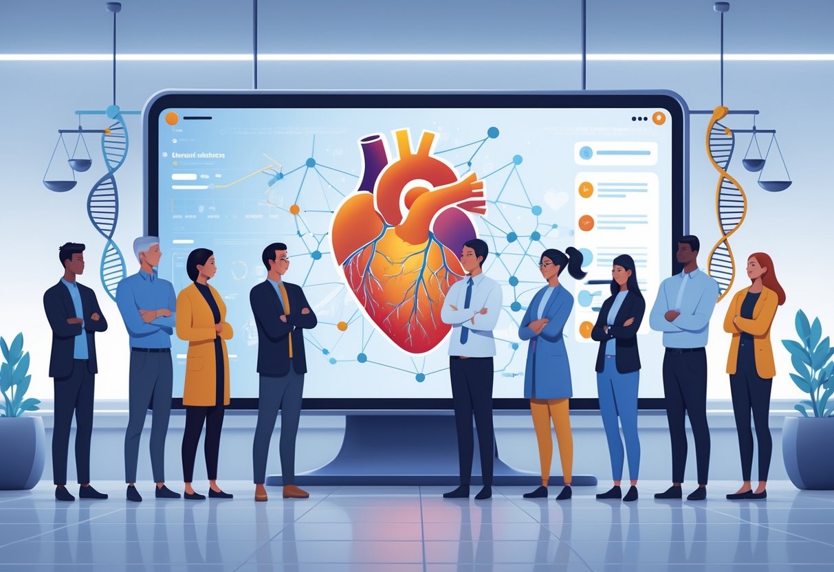 v2-10i4ei-3h1uh - Preventive Medicine Daily A diverse group of people gathered around a digital display showing a human heart with genetic strands, symbolizing challenges and equity in heart disease risk assessment.