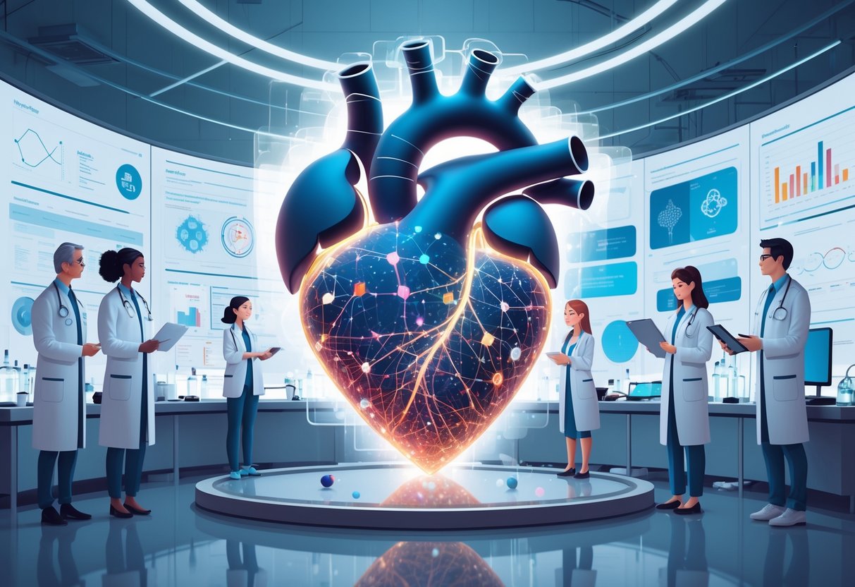 v2-10i4f9-jkyj6 - Preventive Medicine Daily Scientists and healthcare professionals analyze genetic data around a stylized human heart made of DNA strands in a high-tech medical research lab.