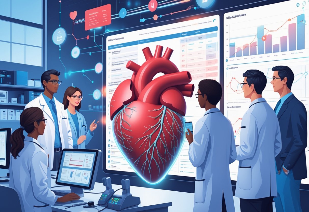 v2-10i4ga-s37cv - Preventive Medicine Daily Medical professionals examining a digital display of genetic data and a 3D heart model in a clinical lab setting.