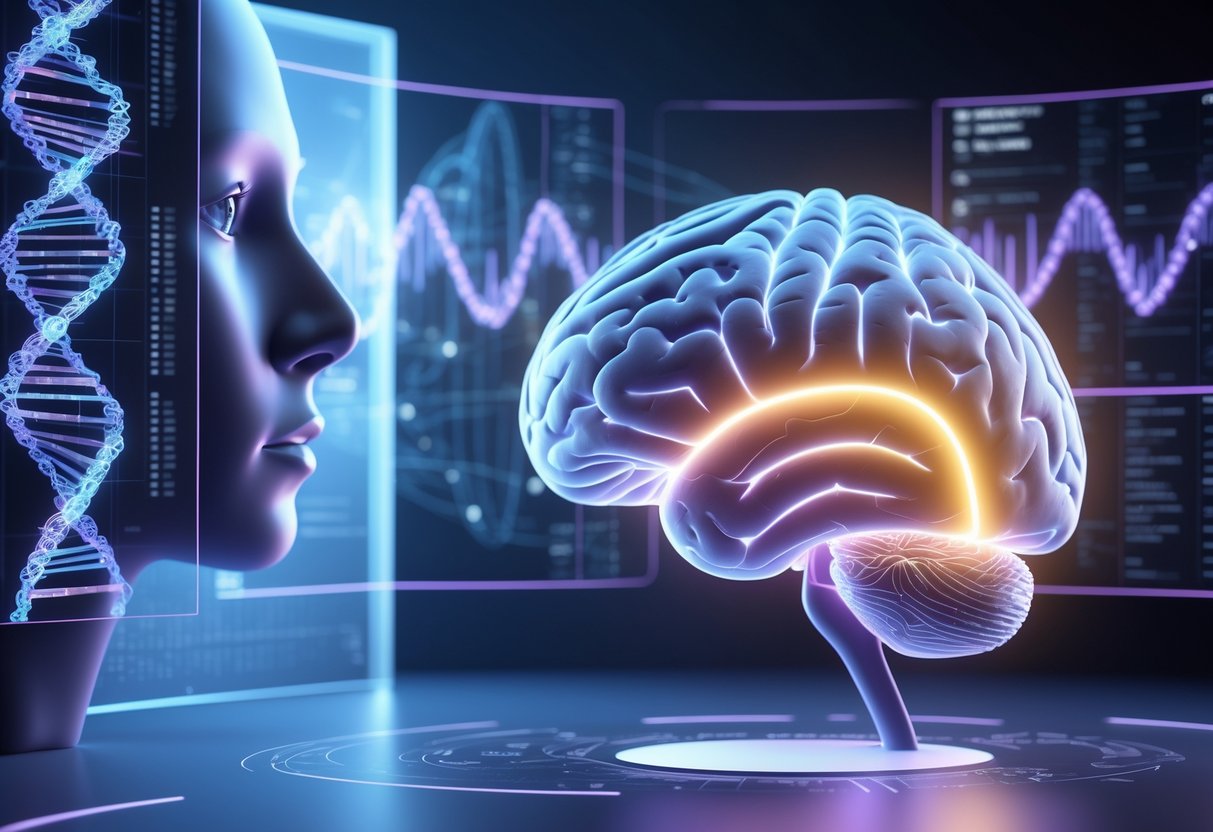 v2-10i51f-znrtu - Preventive Medicine Daily A 3D rendering of a human brain with a highlighted gene area, surrounded by digital DNA strands and a thoughtful human face in the foreground.