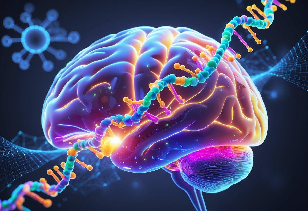 v2-10i521-0akfn - Preventive Medicine Daily A 3D rendering of a human brain with glowing neural pathways and a highlighted DNA strand representing the APOE4 gene, surrounded by abstract molecular structures.