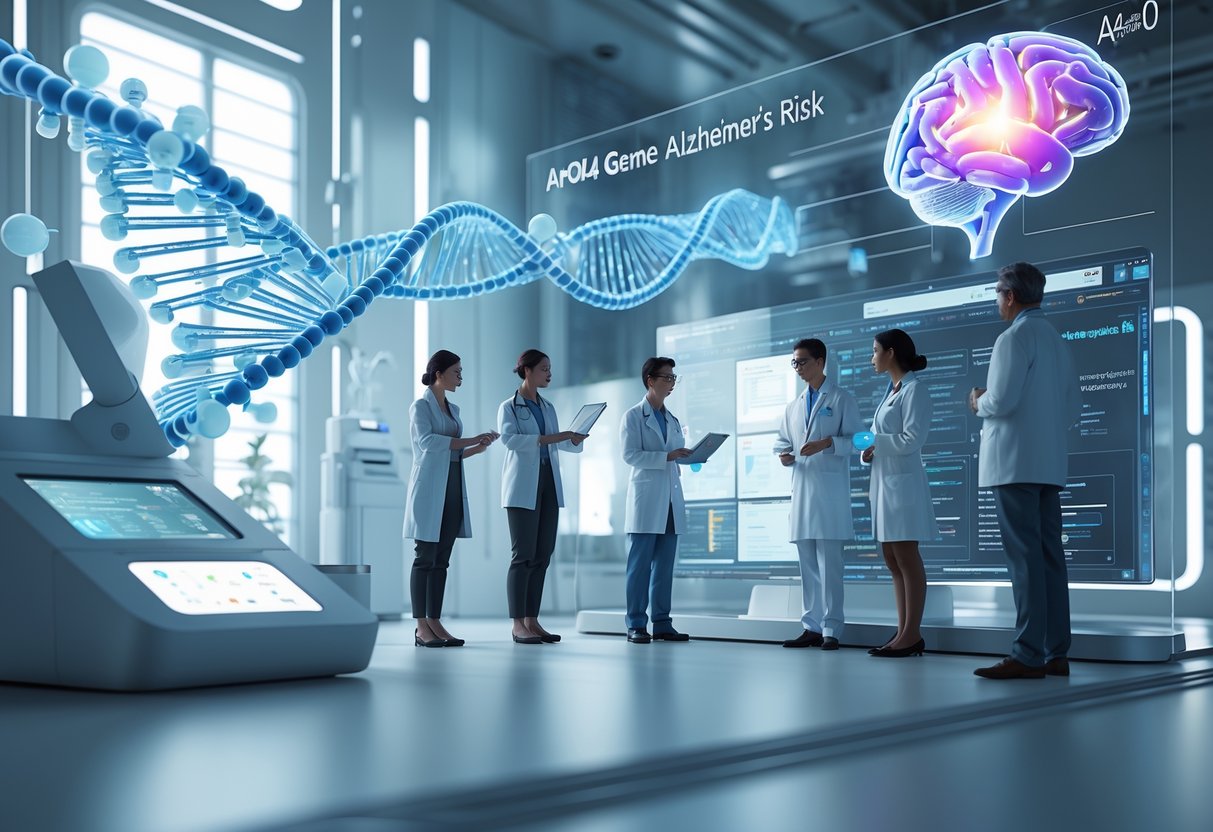 v2-10i52x-rj7jo - Preventive Medicine Daily A futuristic lab where scientists analyze holographic DNA strands and brain images related to genetic testing for Alzheimer's risk.