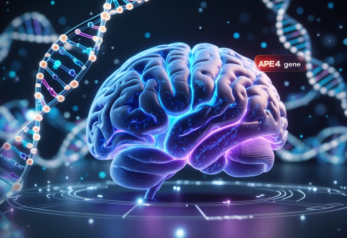 v2-10i53v-c0p6s - Preventive Medicine Daily A 3D image of a human brain with glowing neural pathways and nearby DNA strands highlighting a gene variant, surrounded by floating molecular structures and data points.