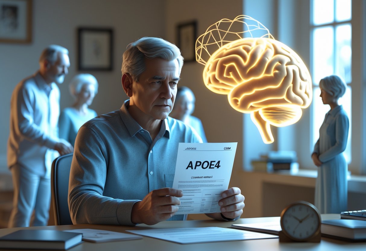 v2-10i54m-4wjjw - Preventive Medicine Daily A person sits at a desk holding a paper with a floating DNA helix above it, surrounded by ghostly family figures and a glowing brain model in the background.